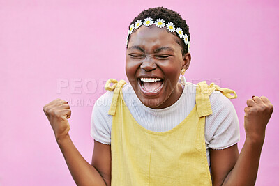 Buy stock photo Happy, black woman and excited, success and winner scream yes, celebrate and cheers against pink background. Happiness, motivation and positive mindset with win and achievement with fist and mockup.