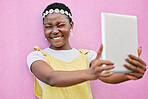 Digital tablet selfie, African and black woman post picture memory to social media, online web app or social network. Beauty flower crown, facial expression and tech girl with spring fashion on wall