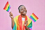 Black woman, flag and pride with lgbtq portrait, freedom and support queer community with happiness against pink background. Rainbow, sexuality and free to love mockup, celebrate lgbt and equality.