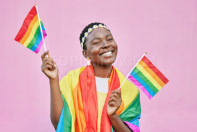 Buy stock photo Black woman, flag and pride with lgbtq portrait, freedom and support queer community with happiness against pink background. Rainbow, sexuality and free to love mockup, celebrate lgbt and equality.