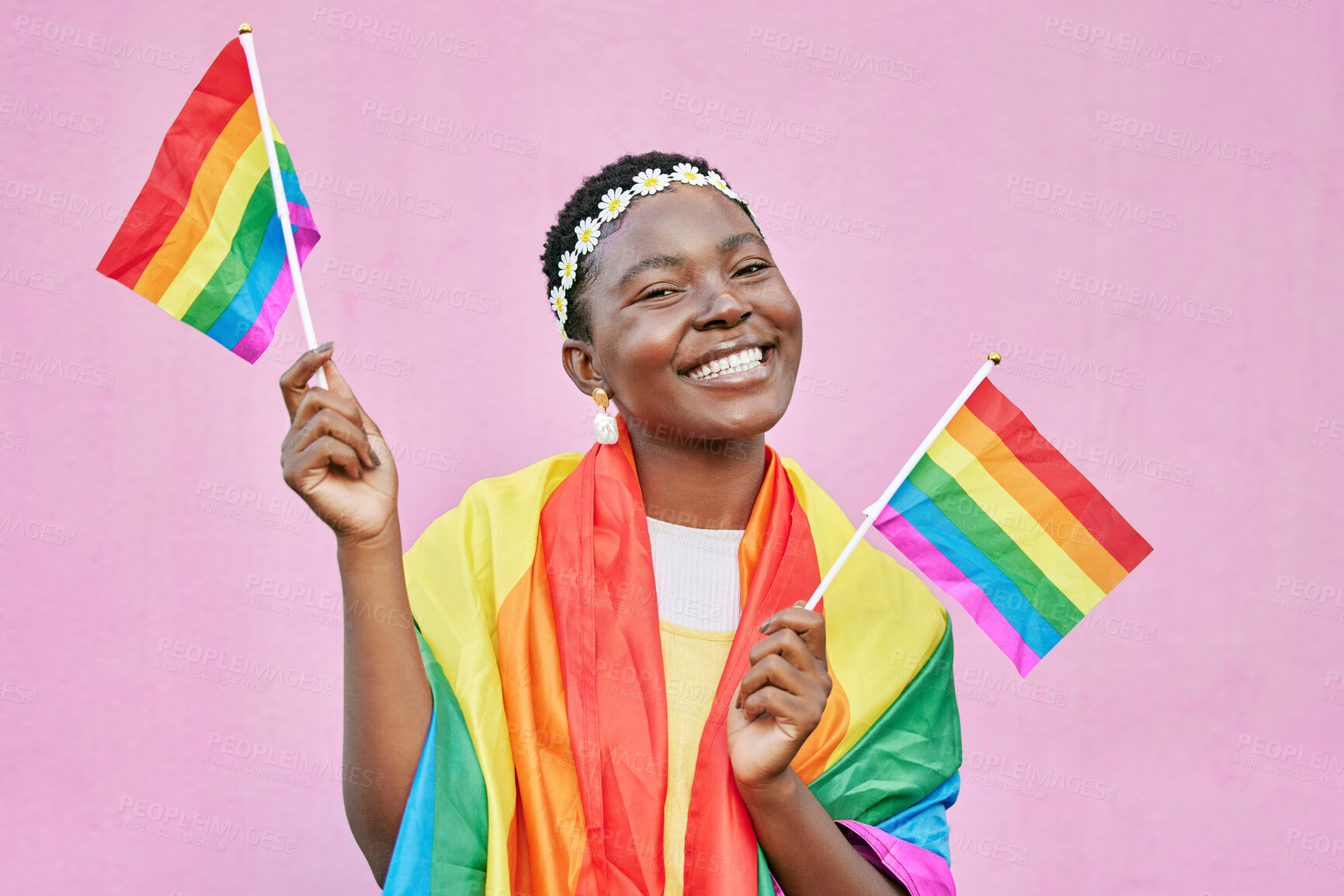 Buy stock photo Black woman, flag and pride with lgbtq portrait, freedom and support queer community with happiness against pink background. Rainbow, sexuality and free to love mockup, celebrate lgbt and equality.