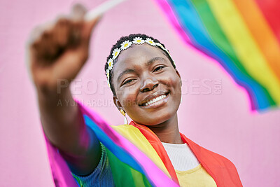 Buy stock photo LGBT, pride and portrait of black woman with rainbow flag for self love, individuality and support for the LGBTQ community. Equality, human rights and face of bisexual, gay or lesbian African girl