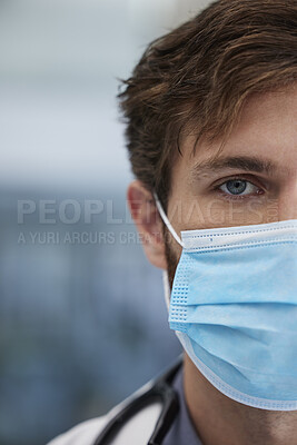 Buy stock photo Covid, face mask and doctor in portrait for safety compliance, risk management and hospital healthcare for insurance. Medical professional, corona virus and covid 19 mask for trust, wellness and care