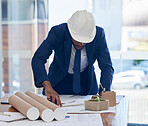 Architect, blueprint and planning, architecture and black man working in office, corporate construction job. Review building plan, design and drawing on desk with construction worker and businessman.