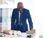 Businessman, happy and architect blueprint in office for building construction, engineering or architecture project illustration. African man, smile and working on industrial design or business plan