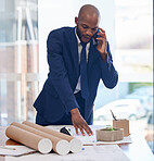 Architect, business and black man on phone call and blueprint, communication and contact with networking or phone meeting. Planning, businessman and architecture, mobile and building design review.