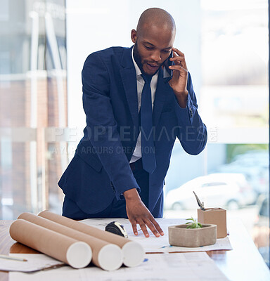 Buy stock photo Architect, business and black man on phone call and blueprint, communication and contact with networking or phone meeting. Planning, businessman and architecture, mobile and building design review.