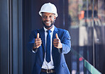 Black man, thumbs up and architect happy with success, happy or smile in architecture office. Support, welcome or thank you with industrial construction designer designing a building project at work