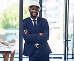 Architecture, engineering and portrait of black man in office standing with success, confidence and leadership. Creative, construction and happy male contractor with safety gear helmet in workplace