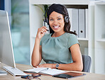 Call center, telemarketing and black woman in portrait with computer in office for virtual user support, e commerce website help and communication. Sales, financial advisor or crm professional career