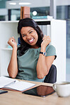 Business woman, winner and portrait smile in celebration for project, idea or work achievement at the office. Happy female employee smiling for victory, accomplishment or corporate goals at workplace