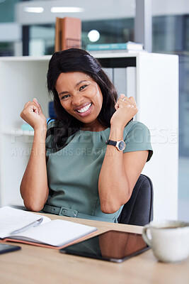 Buy stock photo Business woman, winner and portrait smile in celebration for project, idea or work achievement at the office. Happy black woman smiling for victory, accomplishment or corporate goals at workplace