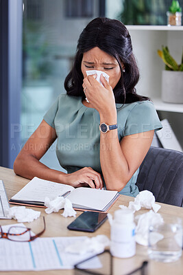 Buy stock photo Blowing nose, tissues and black woman in office, frustrated and overworked. Nigerian female, business owner and employee with sickness, illness and flu in workplace, stress and headache for burnout.