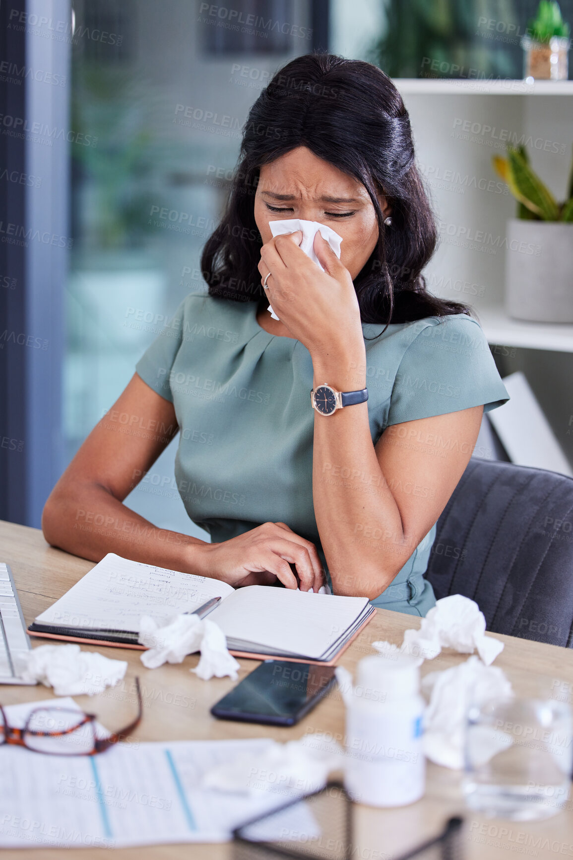 Buy stock photo Blowing nose, tissues and black woman in office, frustrated and overworked. Nigerian female, business owner and employee with sickness, illness and flu in workplace, stress and headache for burnout.