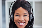 Call center, customer support and portrait of black woman consultant in corporate office for telemarketing. Customer service, crm and face of female consulting agent with smile for friendly service