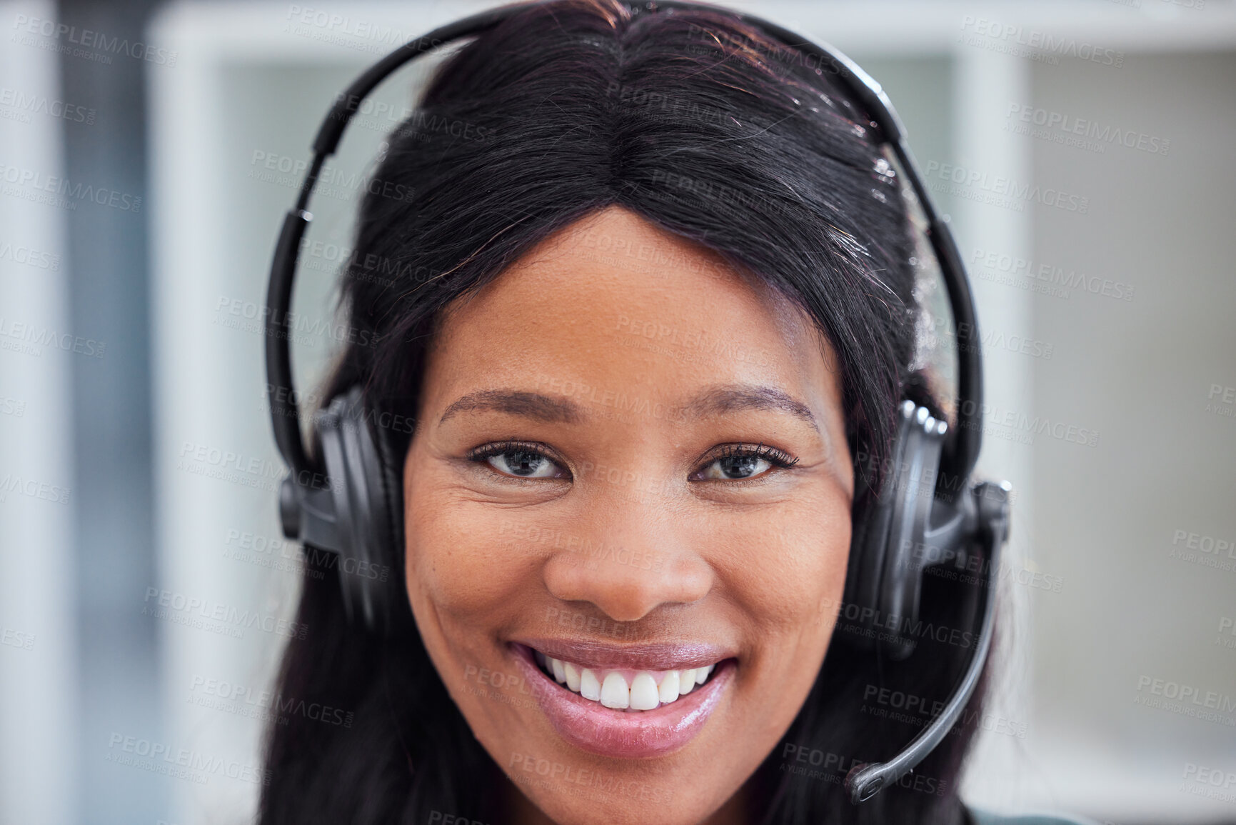 Buy stock photo Call center, customer support and portrait of black woman consultant in corporate office for telemarketing. Customer service, crm and face of female consulting agent with smile for friendly service