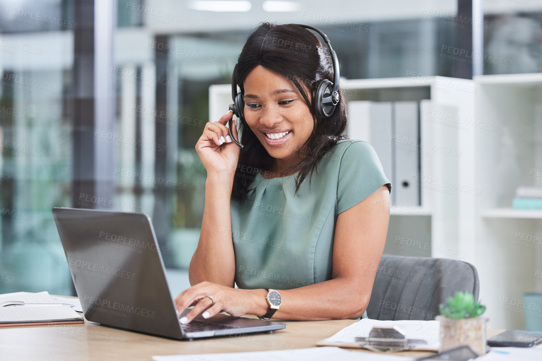 Buy stock photo Consulting, laptop and microphone with business woman in office for video conference, webinar and online meeting. Virtual, call center and coaching with black woman and headset for digital help desk