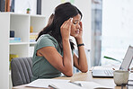 Business woman, stress and headache on laptop working at the office suffering from mental health issues. Female employee sitting by computer desk in pain, burnout or anxiety at the workplace