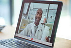 Healthcare, video call and consulting on laptop with doctor for patient advice, update and results. Communication, technology and internet app with male black doctor holding medicine recommendation.