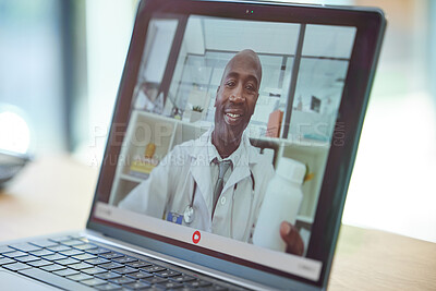Buy stock photo Healthcare, video call and consulting on laptop with doctor for patient advice, update and results. Communication, technology and internet app with male black doctor holding medicine recommendation.