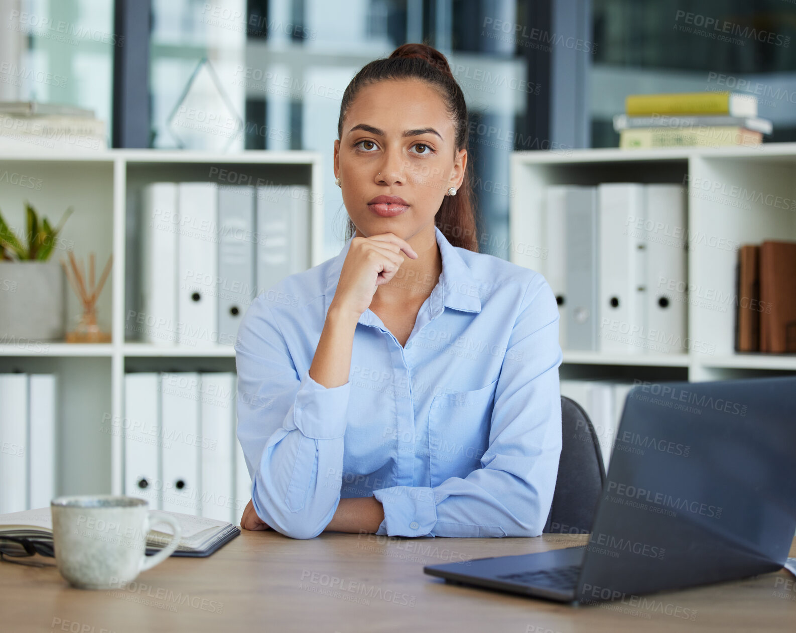 Buy stock photo Business woman, thinking and laptop in planning, strategy or design sitting by the desk at the office. Female employee worker contemplating, idea or solution for corporate marketing or project plan