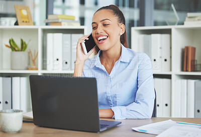 Buy stock photo Woman, phone call and working on laptop in business office for planning schedule, receptionist and employee on digital online call. Business woman, tech gadget and smarphone conversation or web email