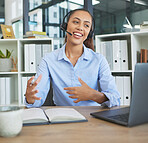 Call center, woman and video call on laptop in office for business telemarketing, sales or client management. Happy agent, consultant and telecom worker consulting, communication and talk on computer