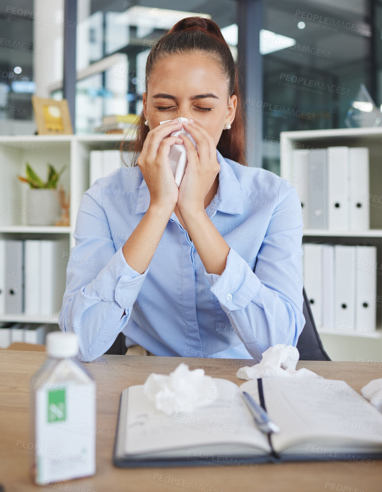 Buy stock photo Allergy, nose and sick business woman in office for healthcare risk, career stress and safety of dust, covid 19 or virus. Allergies, tissue and medicine of corporate employee in workplace compliance