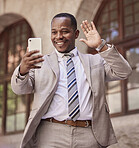 Businessman, video call and phone with smile and wave for hello, introduction or communication in the outdoors. Happy black man smiling for 5G connectivity, conversation or discussion on smartphone