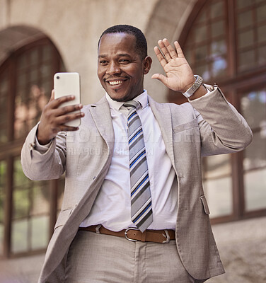 Buy stock photo Businessman, video call and phone with smile and wave for hello, introduction or communication in the outdoors. Happy black man smiling for 5G connectivity, conversation or discussion on smartphone