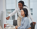 Call center, contact us and coaching with women and training, CRM and working with team leader and help. Computer, customer service agent or telemarketing job with mentor and happy, support and trust
