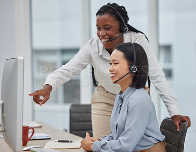 Buy stock photo Call center, contact us and coaching with women and training, CRM and working with team leader and help. Computer, customer service agent or telemarketing job with mentor and happy, support and trust