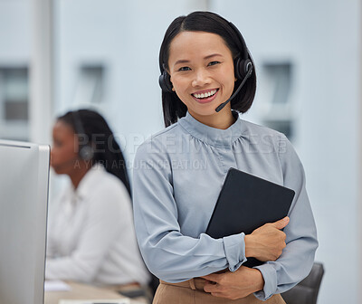 Buy stock photo Business woman, call center and portrait in office for telemarketing compliance, virtual assistant and workplace employee management. Telecom, technology and consultant or leader with crm excellence
