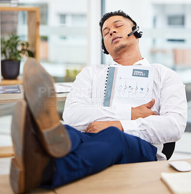 Buy stock photo Sales man, sleeping and headset at office desk from reading annual report documents, finance paperwork or taxes. Nap, burnout and tired financial consultant exhausted from business economy consulting
