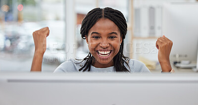 Buy stock photo Black woman, computer or success fist in modern office, digital marketing company or advertising startup in target goals. Smile, happy or excited creative designer on technology for logo brand growth