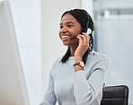 Call center, customer support and black woman talking to client in corporate workplace for crm help desk. Customer service, receptionist and female consulting agent speaking with friendly service