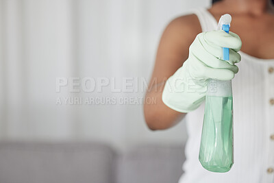 Buy stock photo Woman, hand glove and product for cleaning, hygiene or cleaning service with detergent in home. Eco friendly chemical, spray bottle with disinfectant or cleaning supplies with cleaner in house