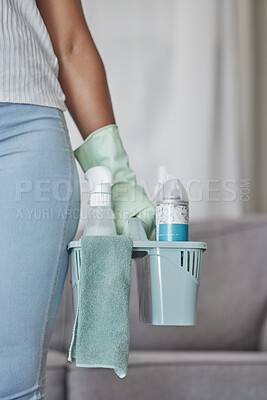 Buy stock photo Cleaner hand, product for cleaning and fabric cloth, hygiene and cleaning service with housekeeping and glove for safety from bacteria. Chemical detergent, clean and spring cleaning with house work.