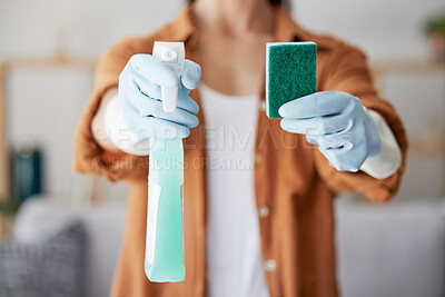 Buy stock photo Cleaning service, product or hands with sponge for bacteria, dust or dirty surfaces on furniture in home. Zoom, safety or healthy cleaner with liquid soap chemical in spray bottle for spring cleaning