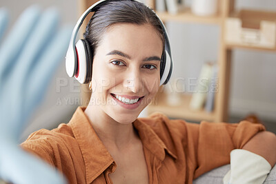Buy stock photo Cleaning, podcast or woman taking a selfie to relax on a break streaming music, audio or radio playlist at home. Face, portrait or happy cleaner resting by taking pictures and listening to headphones