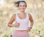 Running, fitness and runner with woman and exercise outdoor, training portrait and health motivation with wellness and active. Run, workout and sports, marathon or race with cardio and energy mockup.