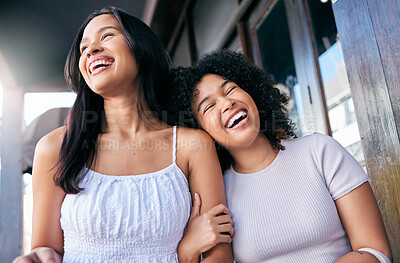 Buy stock photo Friends, laughing and women hug in a loving, caring relationship in the city for fun happiness. Black women, walking and travel in an urban town with love, care and embrace affection with humour