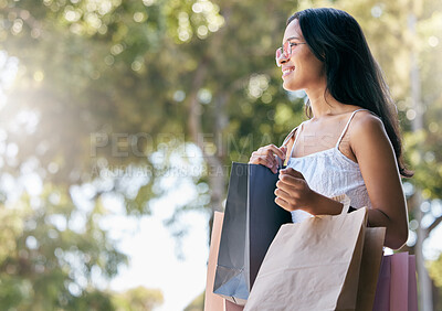 Buy stock photo Fashion, retail and woman with shopping bags in city after shopping in mall, boutique or clothing store. Black Friday discount, sales deals and happy female in sunglasses carrying gifts outdoors.