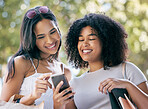 Phone, shopping and black woman friends outdoor together for a retail sale or deal as a customer. Ecommerce, contact and online shopping with a female and friend using 5g mobile technology to search