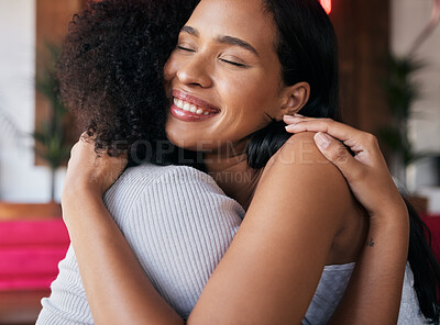 Buy stock photo Friends, women and hug with smile, connect and bonding for reunion, happy and support. Young females, girls and embrace for solidarity, love or friendship for greeting, happiness or cheerful to relax