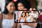 Woman friends, selfie and phone screen for social media, blog post or bonding in restaurant. Happy black woman, influencer group and smartphone picture for social network, app or internet with smile