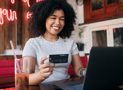 Buy stock photo Woman, credit card and laptop in cafe, ecommerce and discount purchase. Young black woman, girl and female customer online shopping, expensive products and sale for consumer, buying and restaurant.