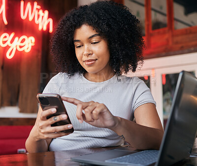 Buy stock photo Freelance, woman and phone in a cafe while searching online with wifi for blogging and social media ideas. Remote, influencer and browse mobile social network for blog and internet idea