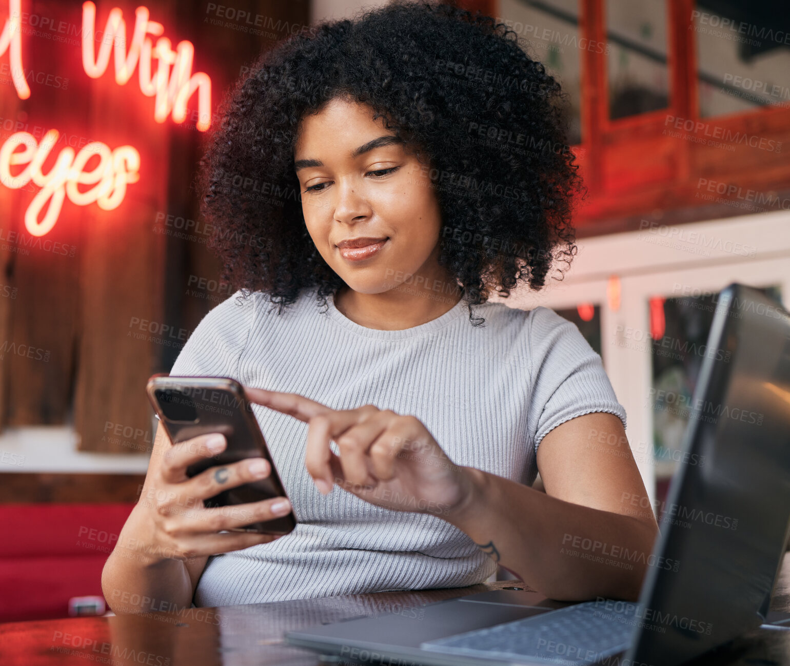 Buy stock photo Freelance, woman and phone in a cafe while searching online with wifi for blogging and social media ideas. Remote, influencer and browse mobile social network for blog and internet idea