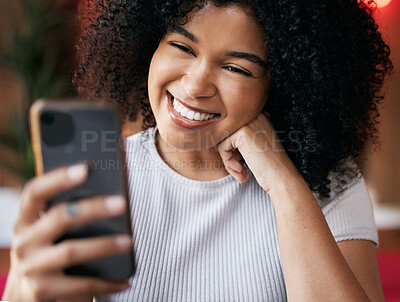 Buy stock photo Black woman, phone and smile for selfie with happy face for social media profile picture or doing video call showing teeth, beauty and kindness. Female with smartphone for communication or blog post